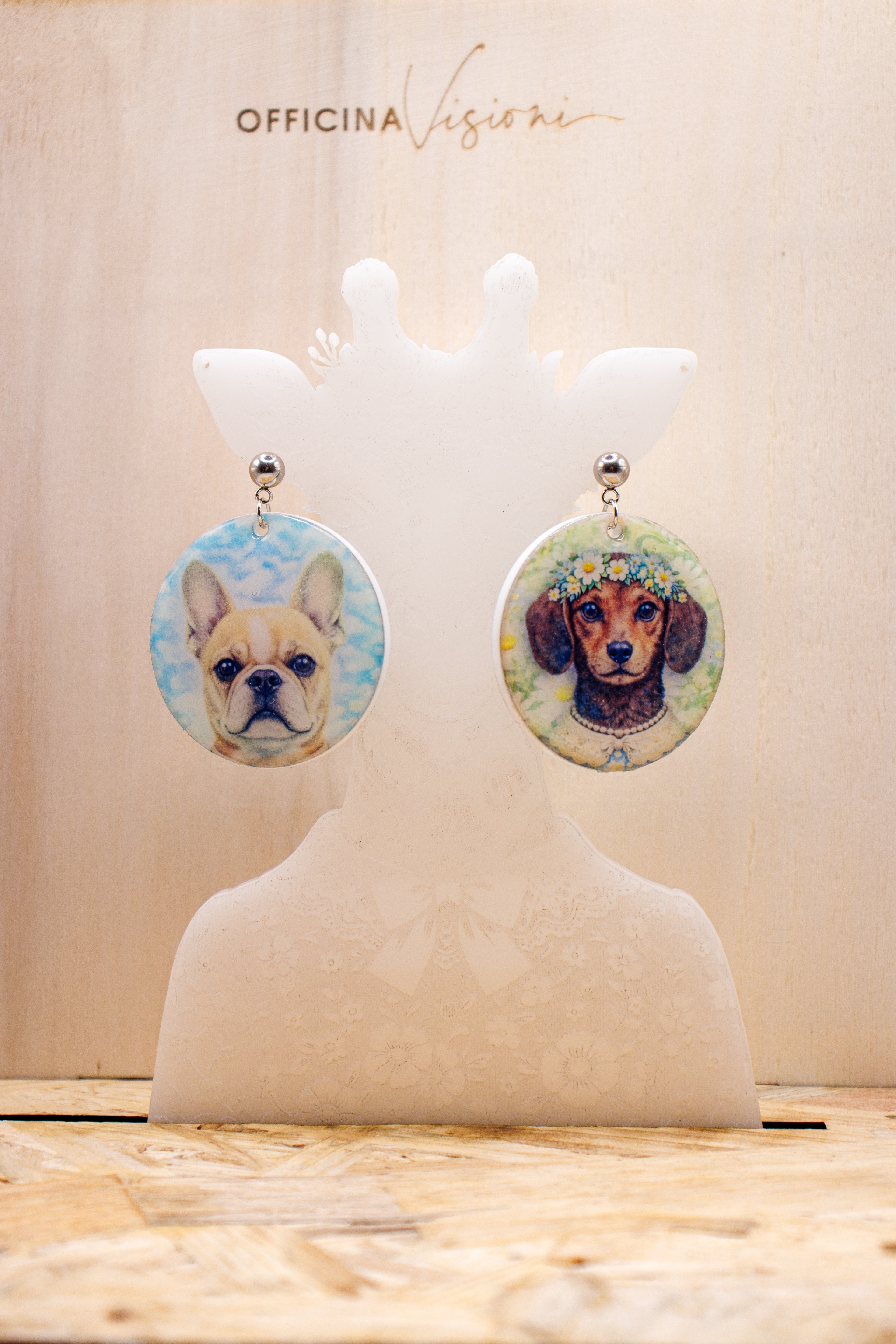 DOGS FLOWER - Orecchini Bouledogue Francese e Bassotto in Plexiglass e Acciaio argento