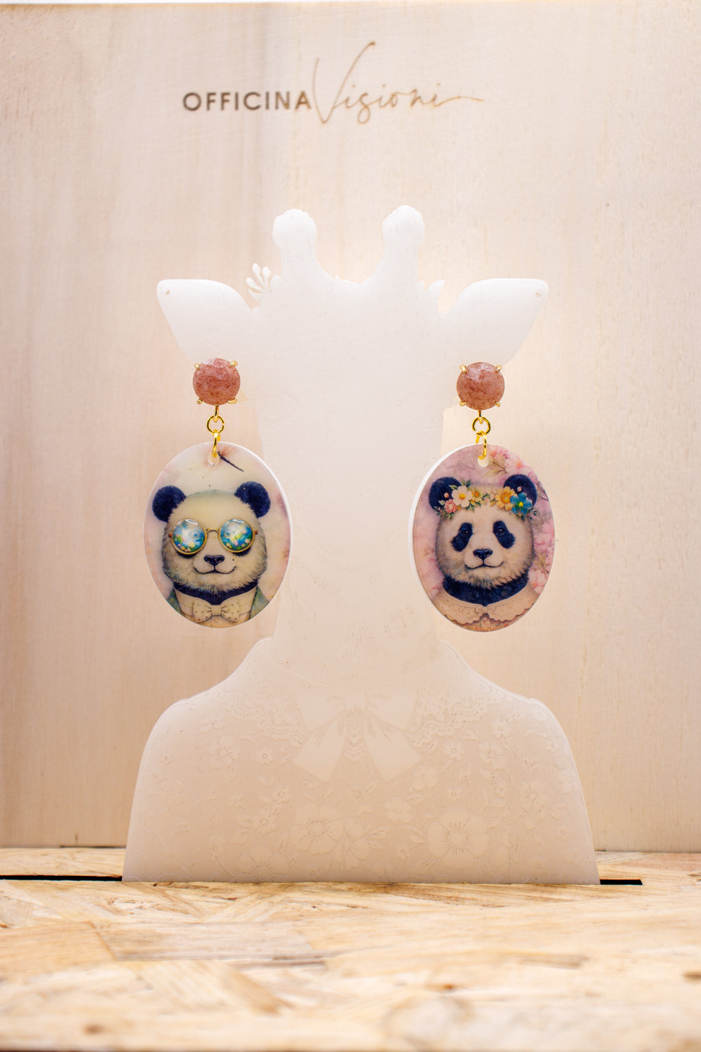 PANDA FLOWER - Orecchini Panda in Plexiglass e Acciaio oro