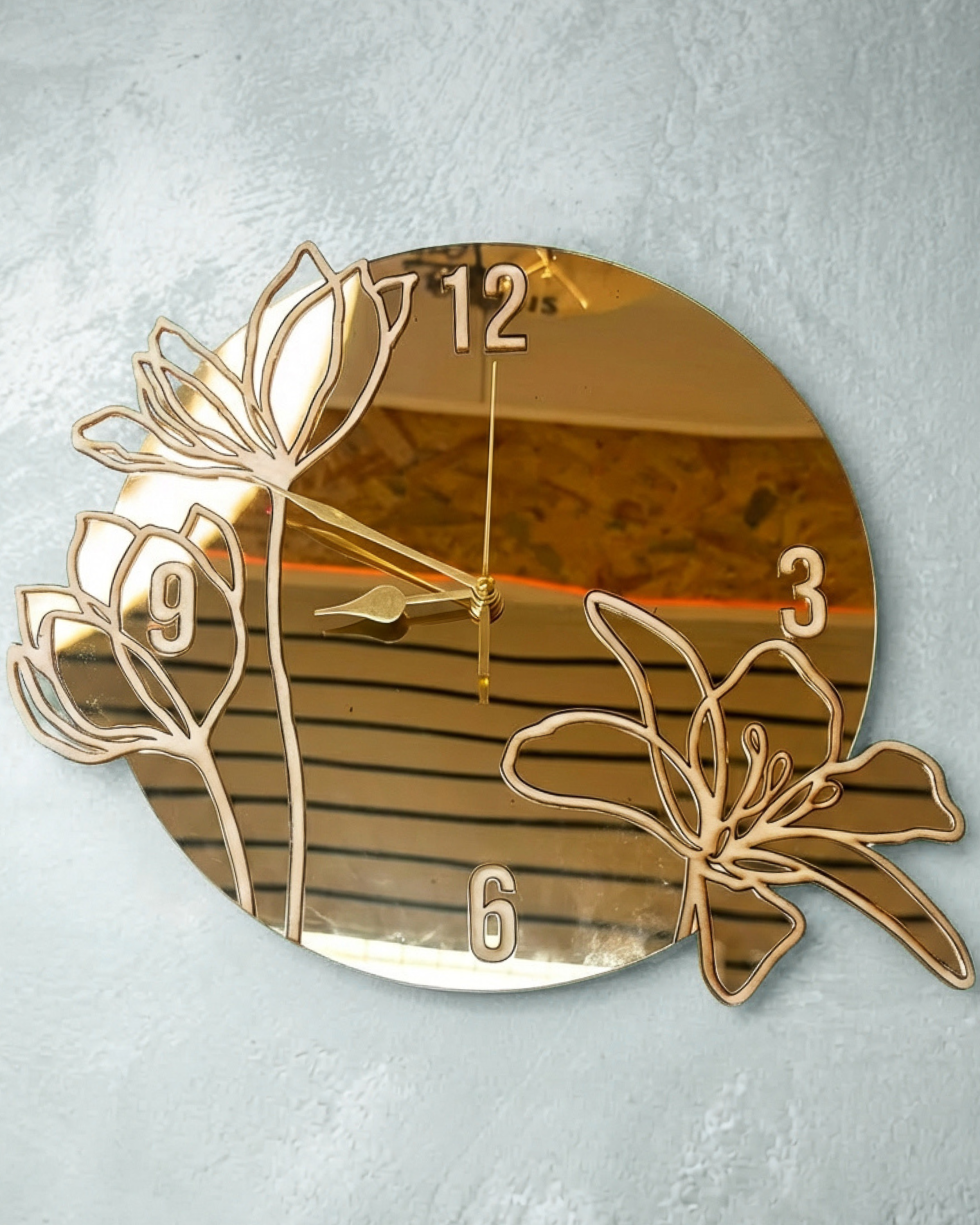 Orologio da parete design floreale in legno e plexiglass specchiato