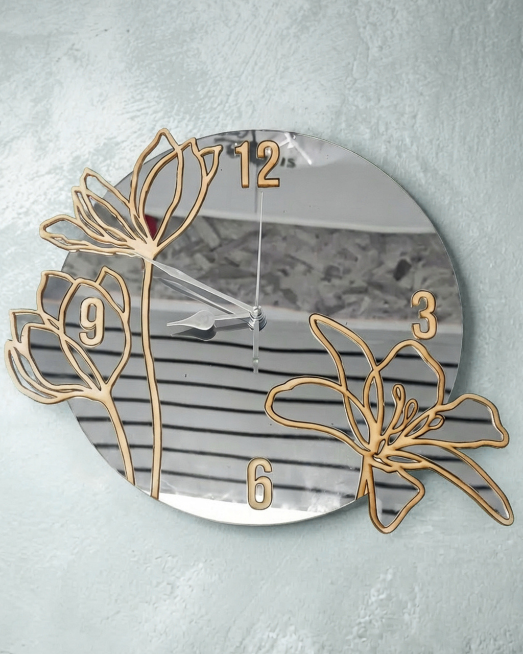 Orologio da parete design floreale in legno e plexiglass specchiato
