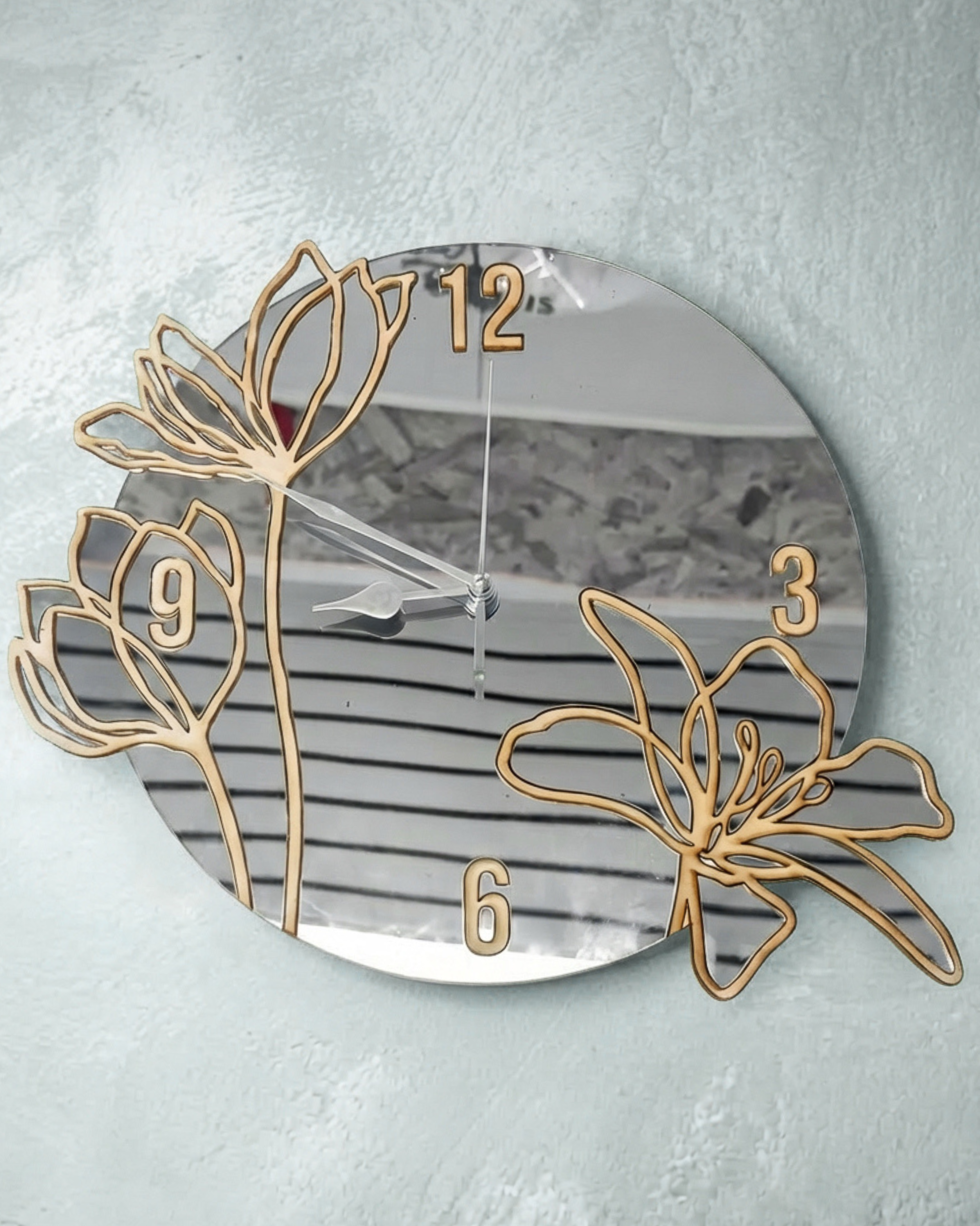 Orologio da parete design floreale in legno e plexiglass specchiato
