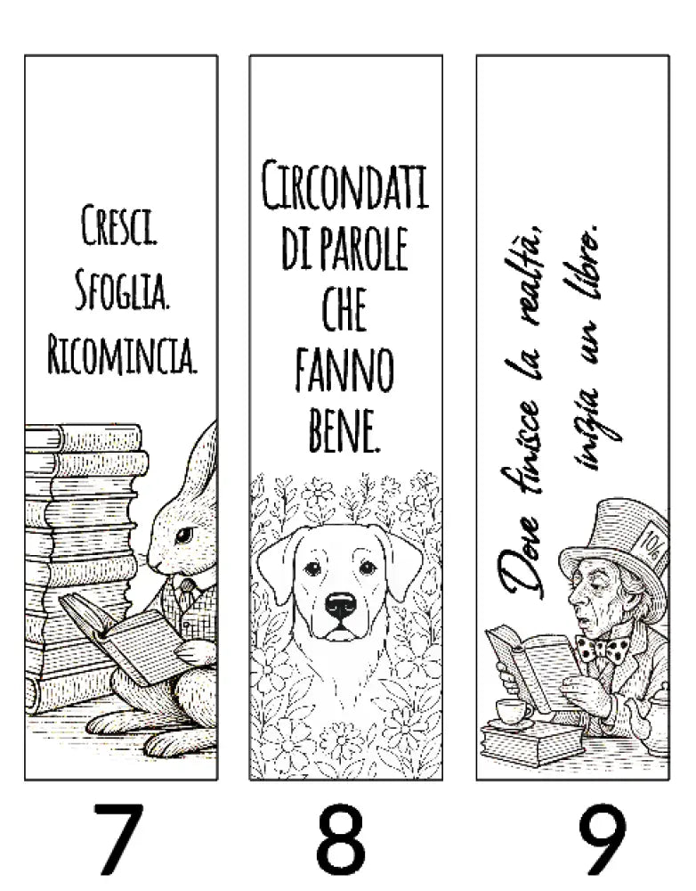 Nove varianti di segnalibri incisi su legno con frasi, illustrazioni decorative e scritte personalizzate