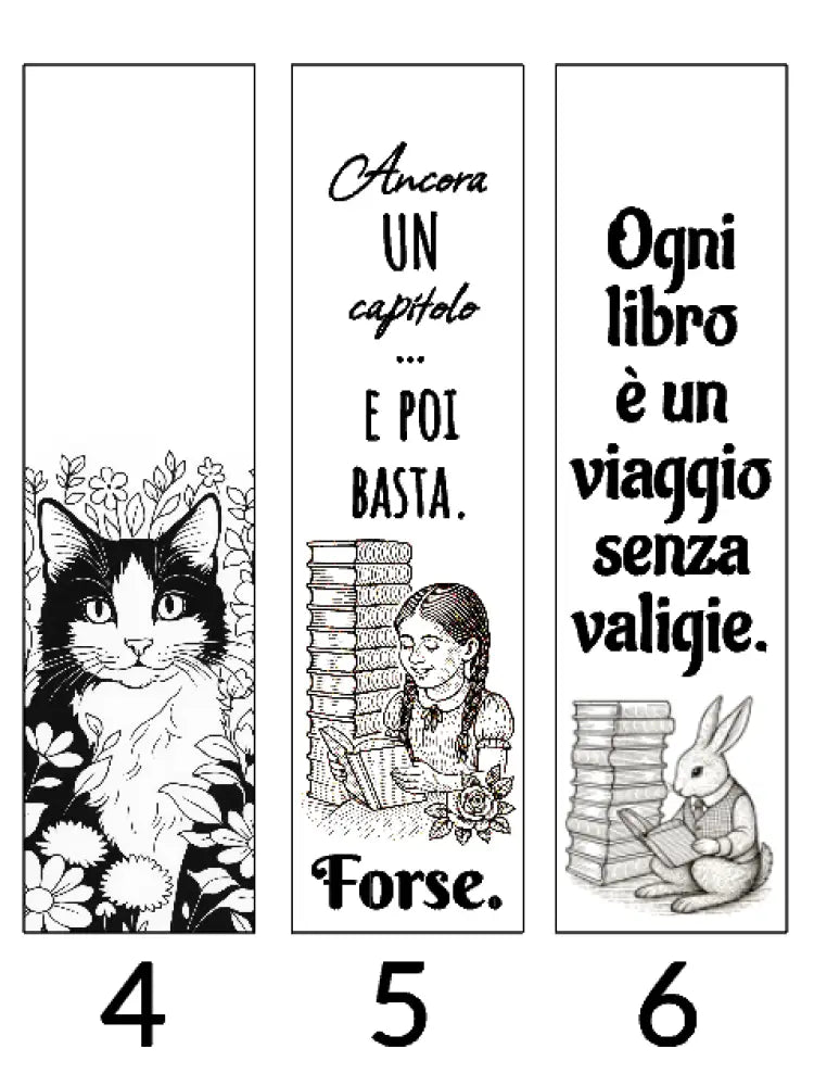 Nove varianti di segnalibri incisi su legno con frasi, illustrazioni decorative e scritte personalizzate